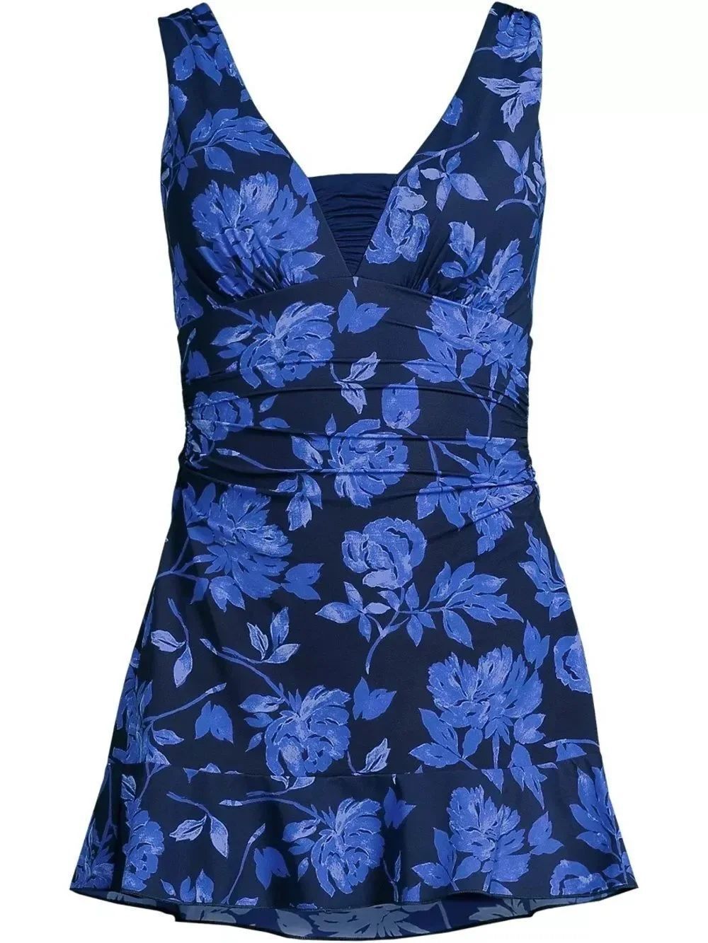 Land's End Grecian One Piece Mini Swim Dress Swimsuit SlenderSuit Navy Floral 10